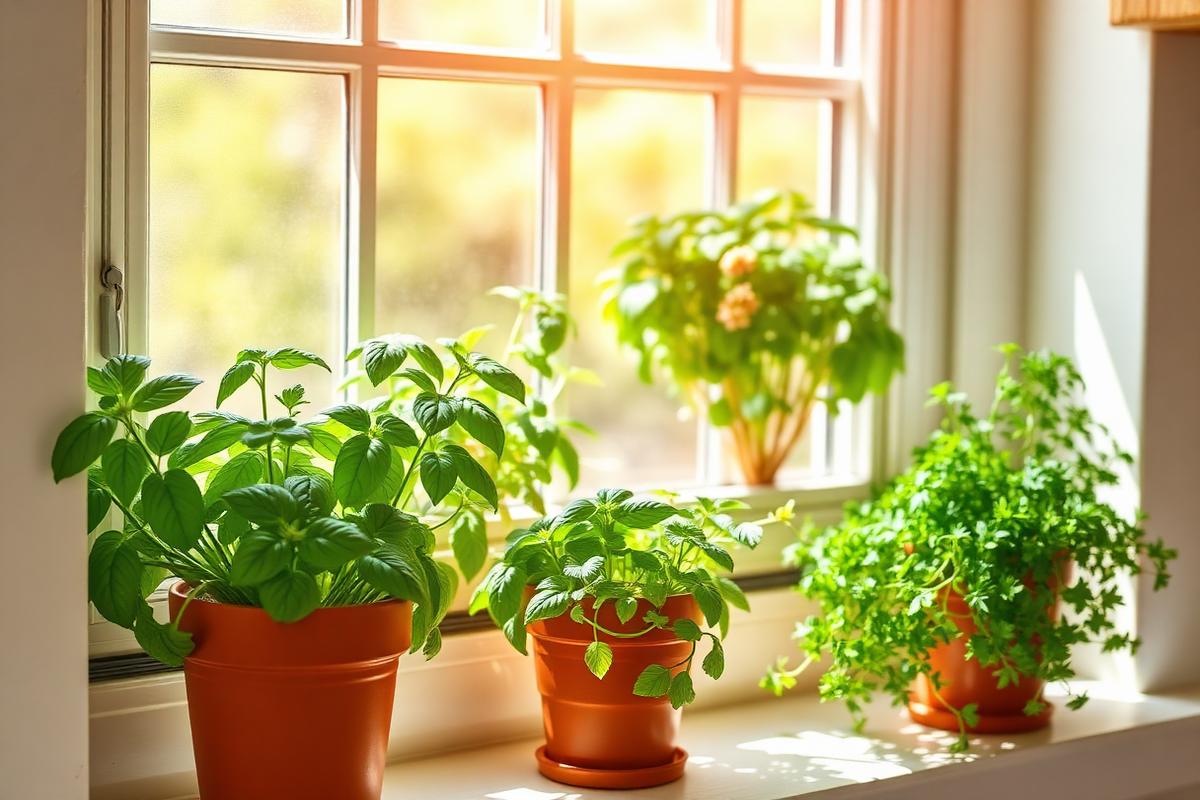 Basil, mint, and parsley growing in terracotta pots on a sunny kitchen windowsill