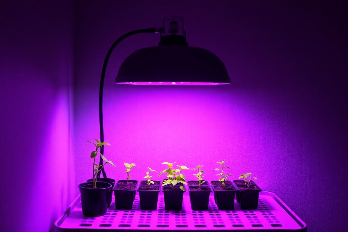 LED grow light glowing over a tray of healthy seedlings indoors