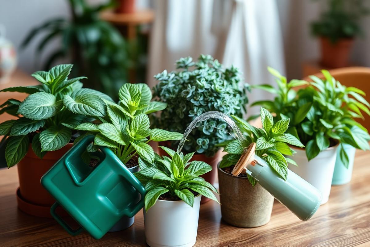 Watering can pouring water onto a healthy potted houseplant in soft window light