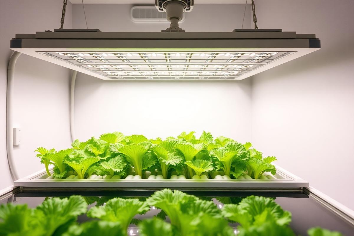 Lettuce growing in a Kratky-method hydroponic jar under a soft grow light