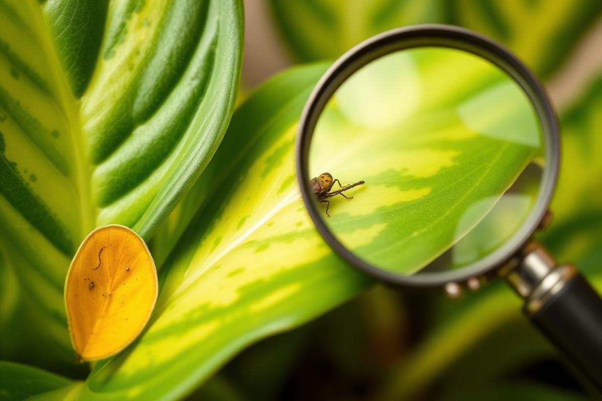 Close-up of a houseplant with yellowing leaves and brown tips, indicating stress, on a contrasting background.