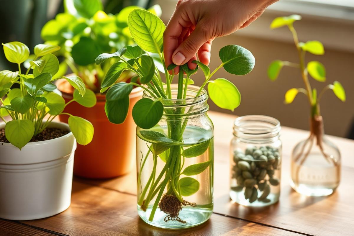 Hand placing a pothos cutting with a visible node into a glass jar of water for propagation